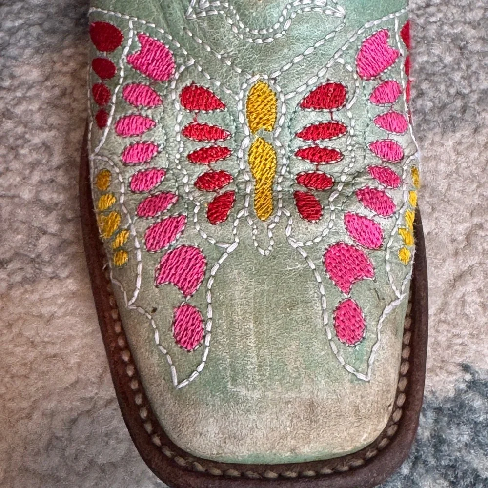 Corral Kids Turquoise Leather Butterfly Embroidered Western Boots Square Toe 1.5
